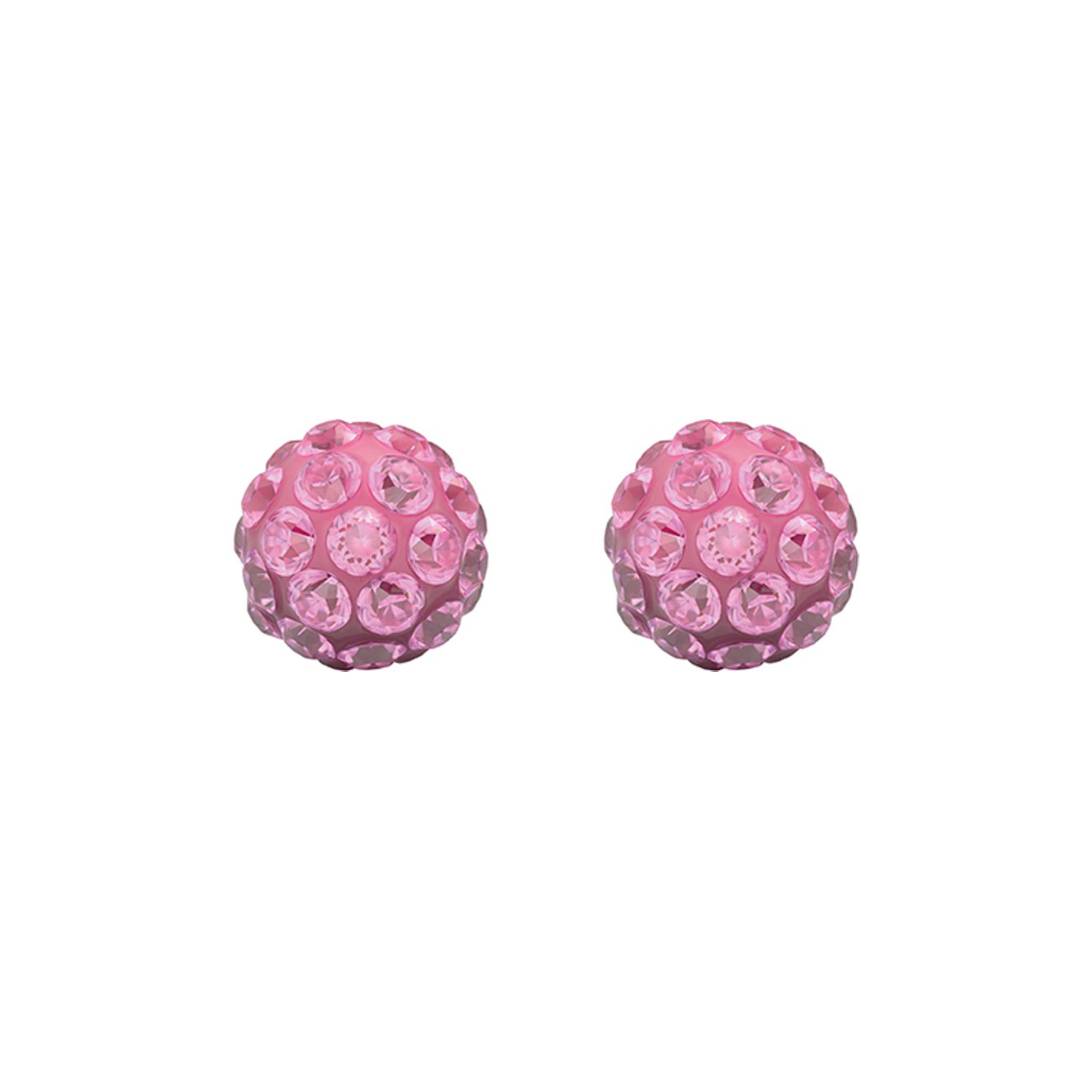 Ein Paar Studex Ohrstecker aus Chirurgenstahl mit pinken, runden Schmucksteinen in Shamballa-Optik.