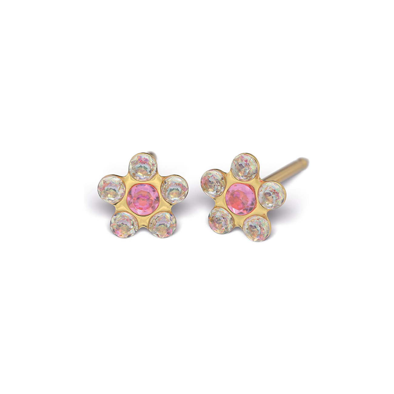 Goldfarbene Studex Ohrstecker aus Chirurgenstahl, pinker Mittelkristall, umgeben von fünf klaren Kristallen als Blume.