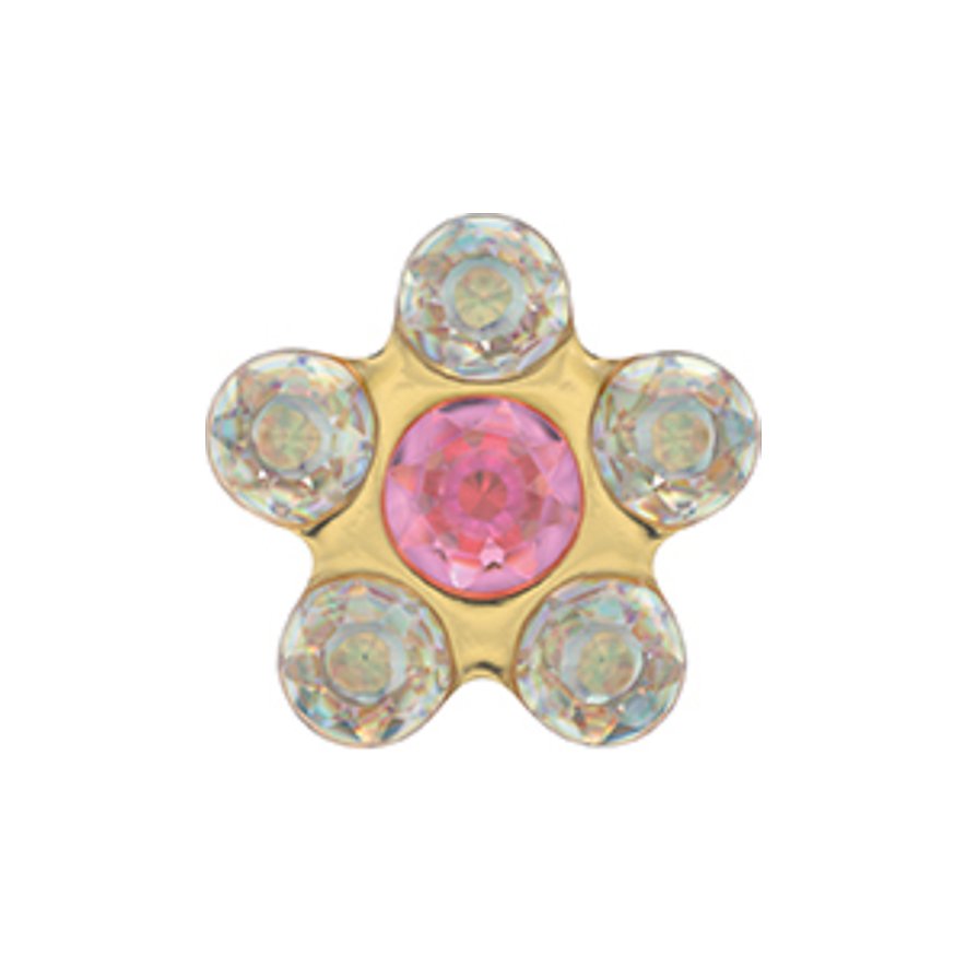 Studex Ohrschmuck: Chirurgenstahl Gelbgold Blüte mit rosafarbenem Mittelkristall & fünf klaren Blütenblatt-Kristallen.
