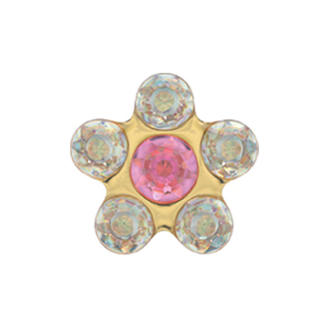 Studex Ohrschmuck: Chirurgenstahl Gelbgold Blüte mit rosafarbenem Mittelkristall & fünf klaren Blütenblatt-Kristallen.
