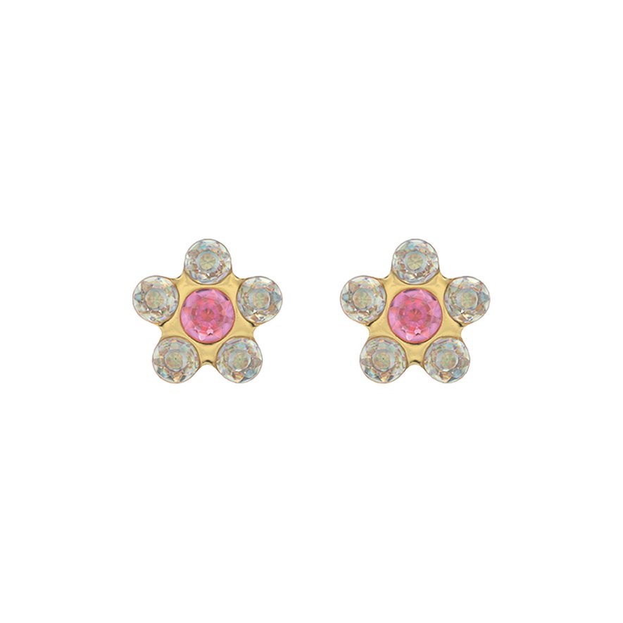 Zwei goldfarbene Studex Chirurgenstahl Ohrringe in Blumenform mit rosa und klaren Kristall-Farbsteinen.
