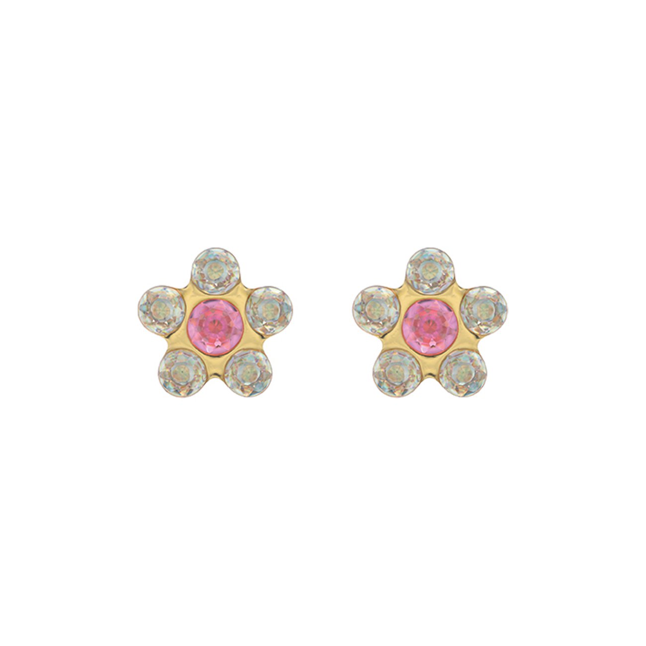 Zwei goldfarbene Studex Chirurgenstahl Ohrringe in Blumenform mit rosa und klaren Kristall-Farbsteinen.