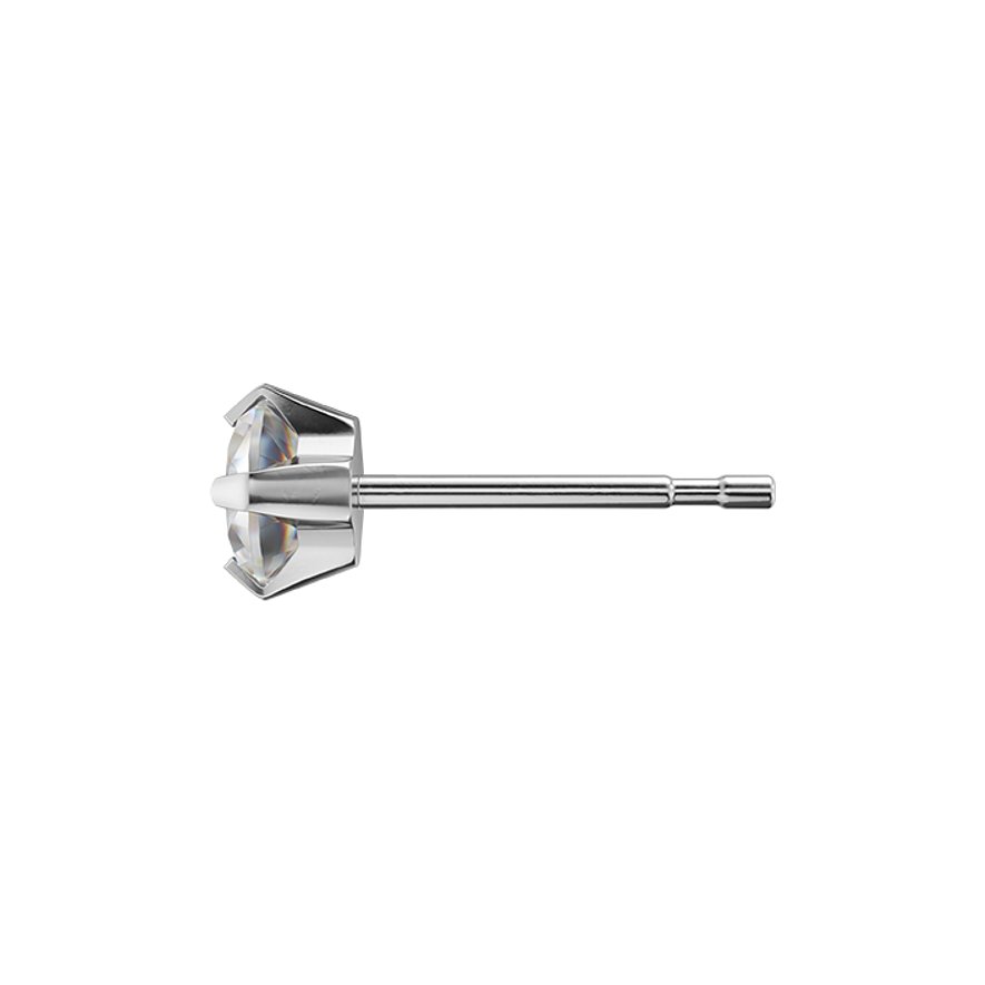 Studex Ohrstecker aus Chirurgenstahl mit einem runden Zirkonia Farbstein in Krallenfassung, seitliche Ansicht.
