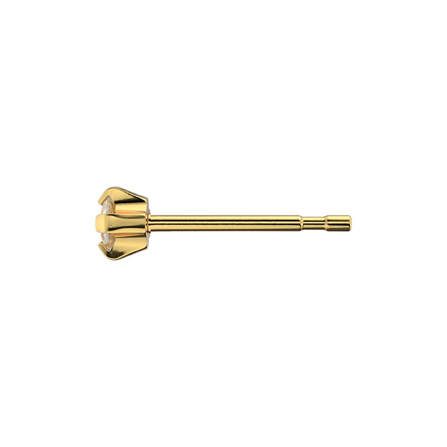 Ein einzelner Studex Ohrstecker aus goldenem Chirurgenstahl mit einem klaren Zirkonia Edelstein.