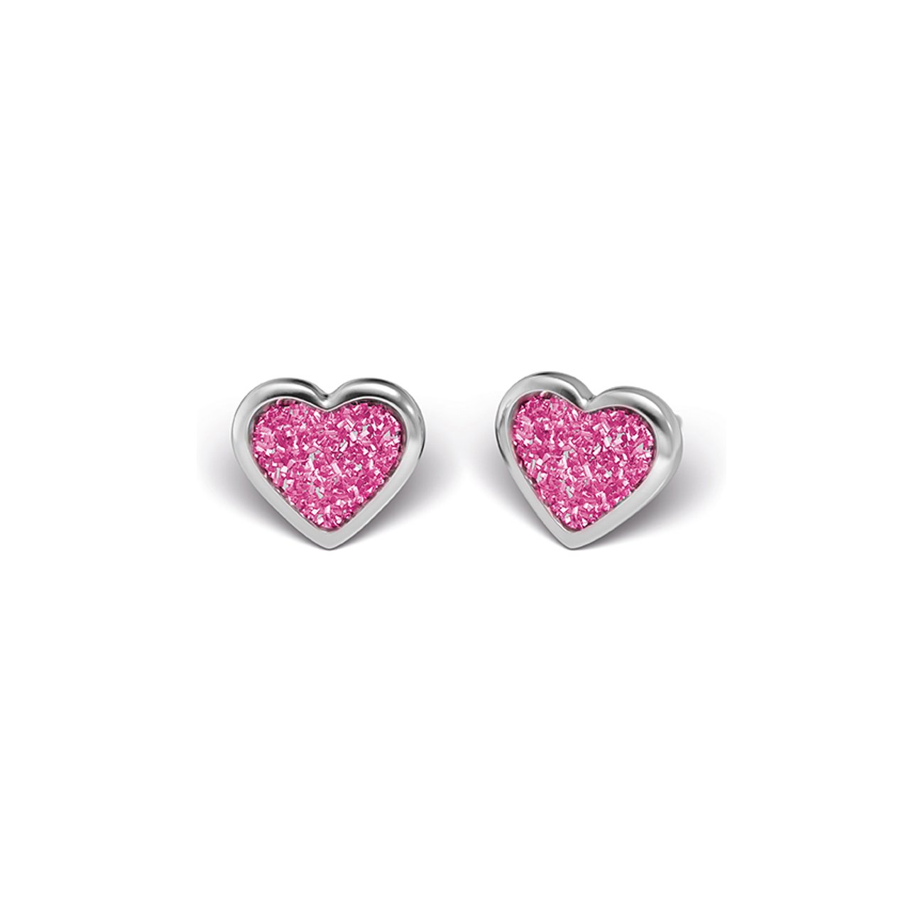 Ein Paar Studex Ohrschmuck aus Chirurgenstahl, herzförmige Stecker mit rosa Glitzerfüllung.