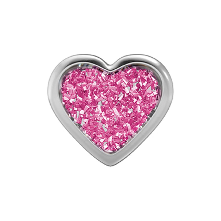 Ein herzförmiger Studex Ohrschmuck aus Chirurgenstahl mit glitzerndem, rosafarbenem Inlay.