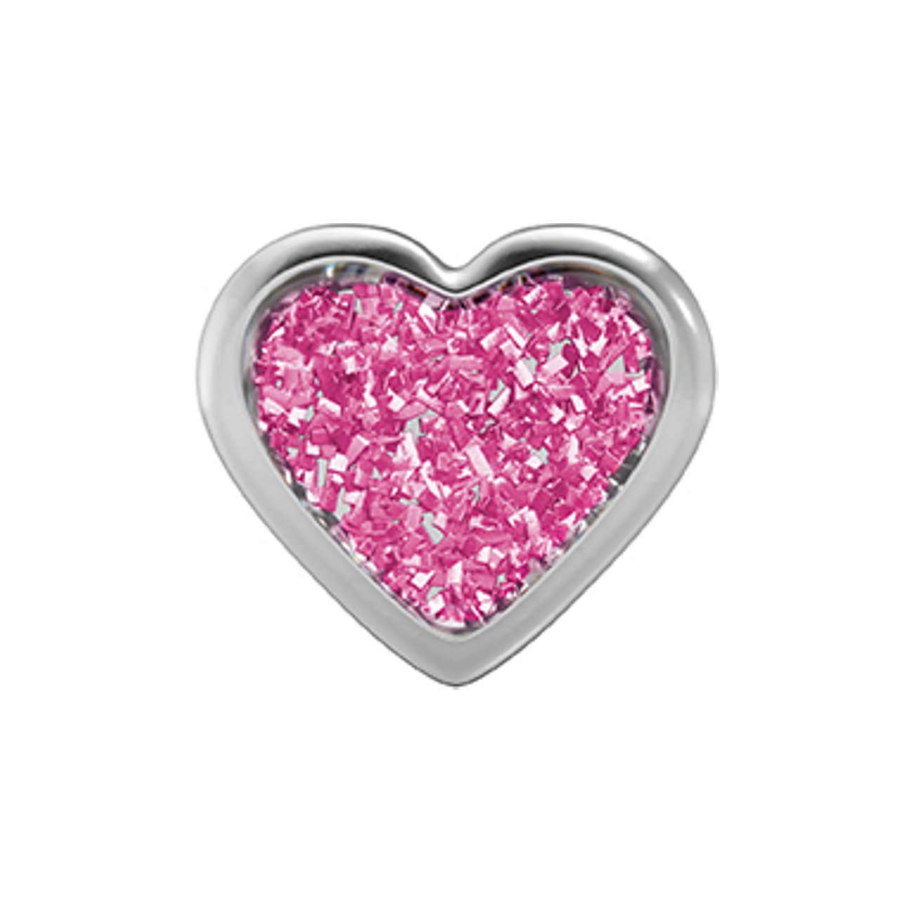Ein herzförmiger Studex Ohrschmuck aus Chirurgenstahl mit glitzerndem, rosafarbenem Inlay.