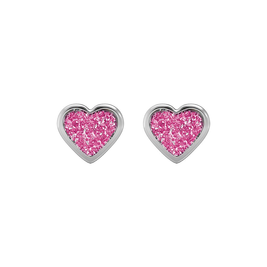 Zwei herzförmige Ohrstecker von Studex aus Chirurgenstahl mit rosa, glitzernder Füllung.