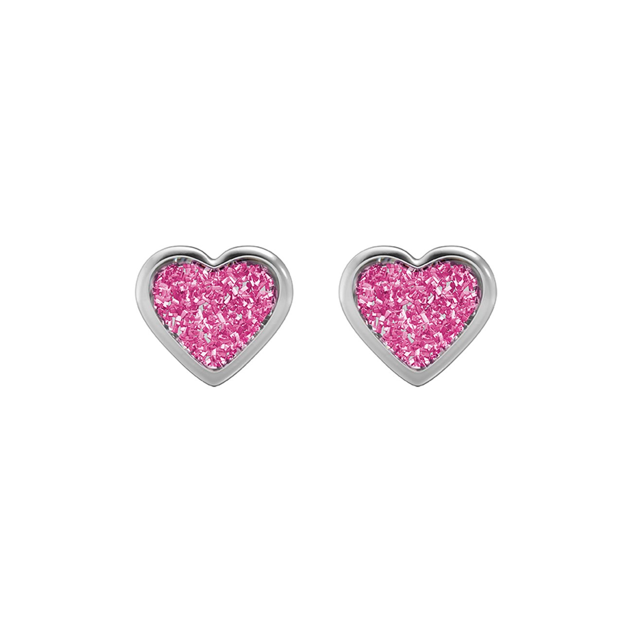 Zwei herzförmige Ohrstecker von Studex aus Chirurgenstahl mit rosa, glitzernder Füllung.