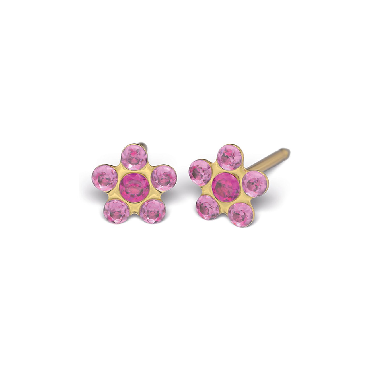 Ein Paar Studex Ohrstecker aus goldfarbenem Chirurgenstahl in Blütenform, besetzt mit rosa Schmucksteinen.