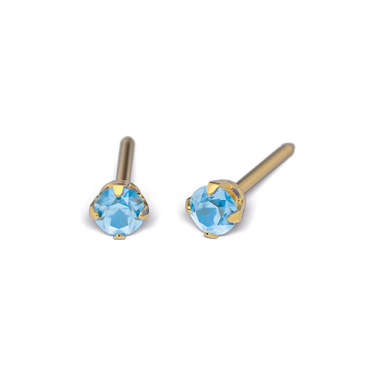 Zwei goldfarbene Studex Ohrstecker aus Chirurgenstahl mit jeweils einem runden, hellblauen Schmuckstein.