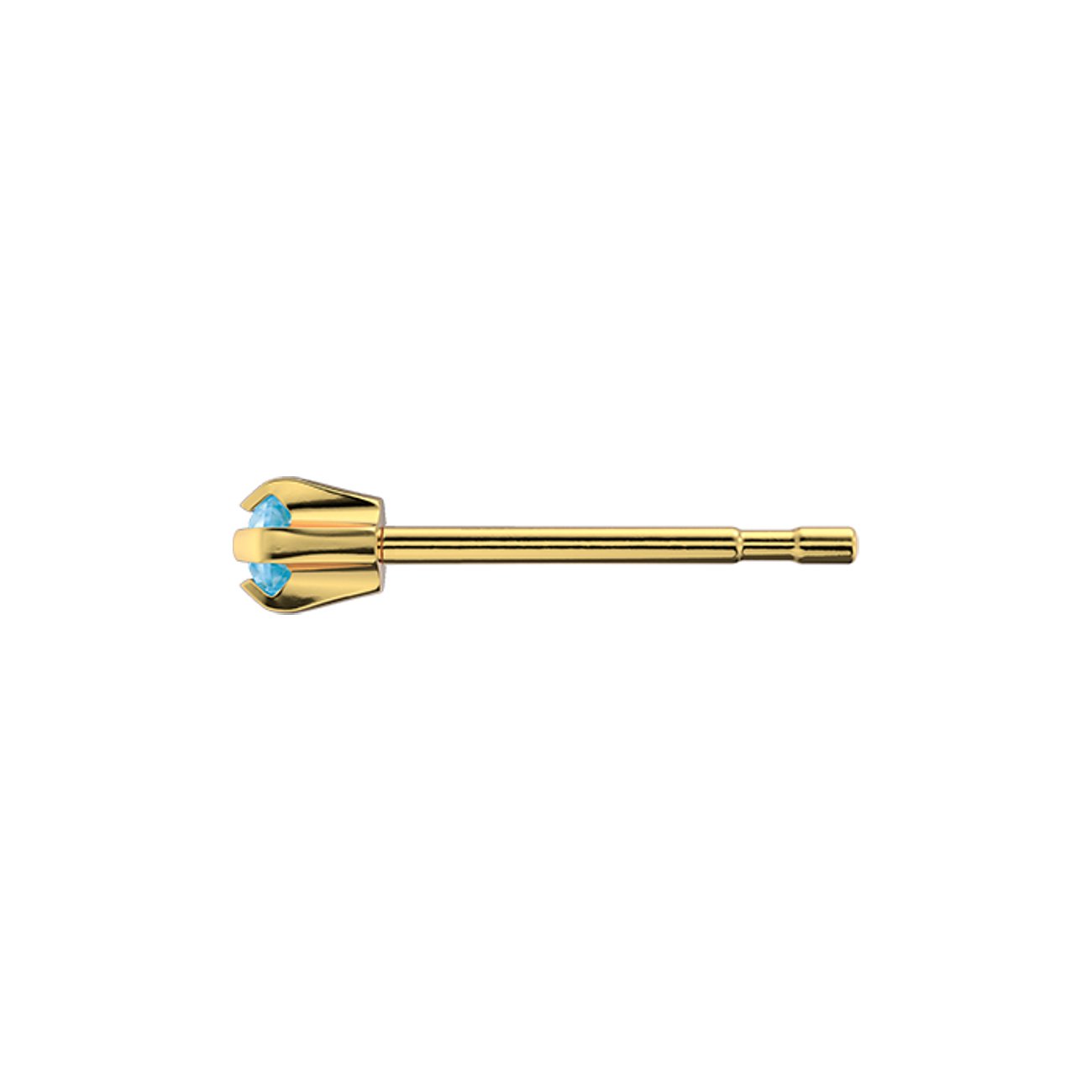 Studex Ohrstecker aus goldfarbenem Chirurgenstahl mit vier Krappen, die einen runden, hellblauen Schmuckstein halten.