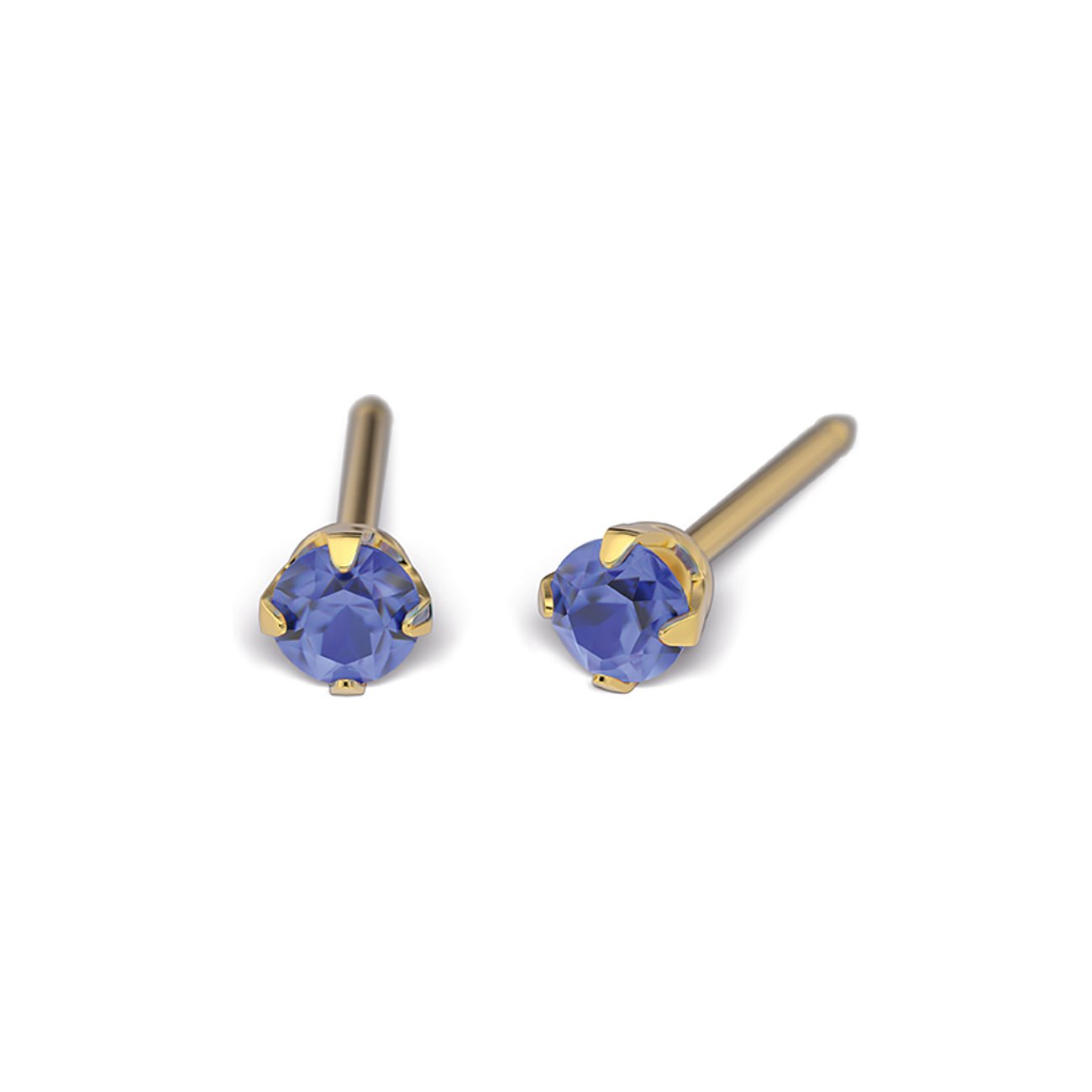 Zwei Studex Ohrstecker aus goldfarbenem Chirurgenstahl mit jeweils einem runden, facettierten blauen Schmuckstein.
