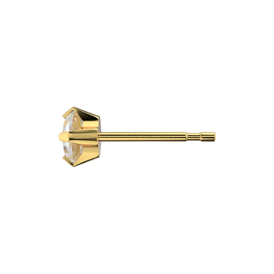 Ein einzelner Studex Ohrstecker aus gelbgoldenem Chirurgenstahl mit einem klaren Zirkonia in einer Krappenfassung.