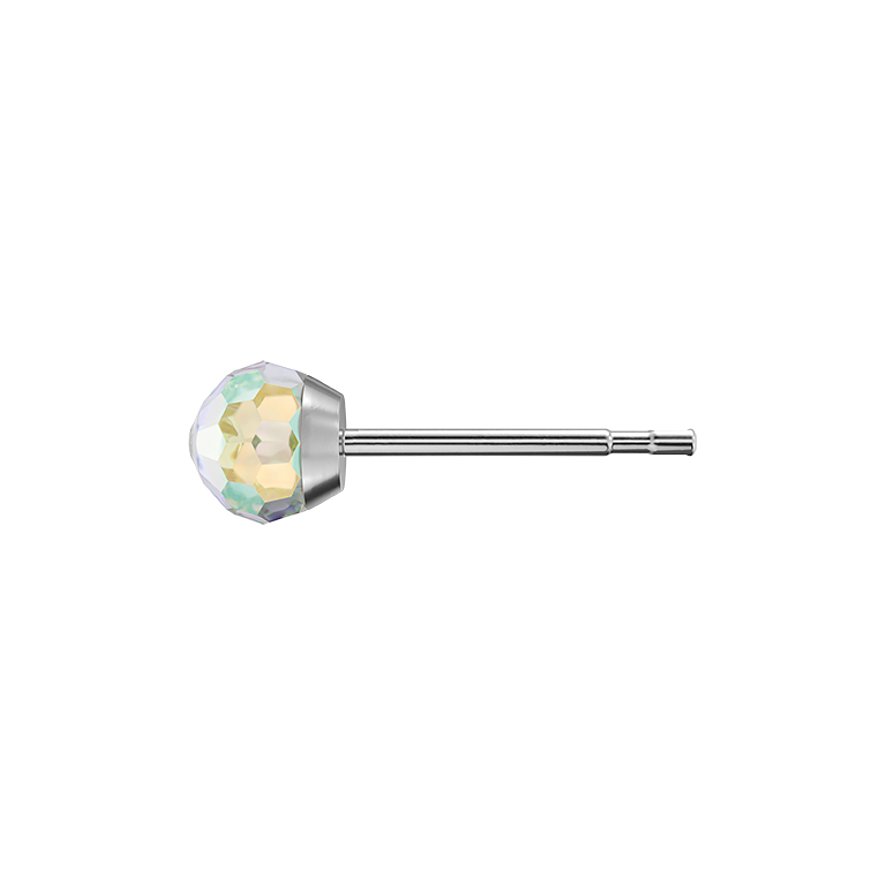 Ein einzelner Studex Ohrstecker aus Chirurgenstahl mit einem facettierten, schimmernden Kristall als Farbstein.