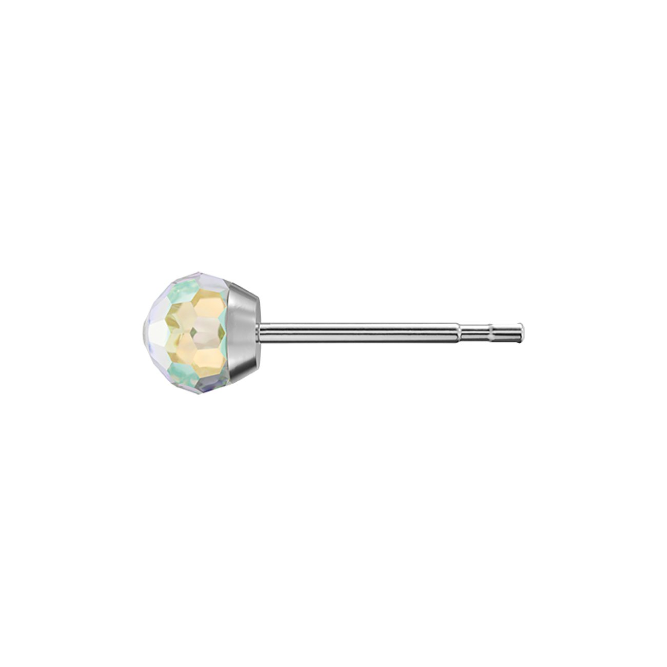 Ein einzelner Studex Ohrstecker aus Chirurgenstahl mit einem facettierten, schimmernden Kristall als Farbstein.