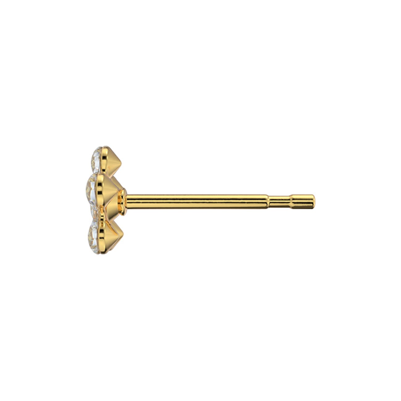 Studex Ohrschmuck aus gelbvergoldetem Chirurgenstahl mit drei runden Kristallen, seitliche Ansicht.