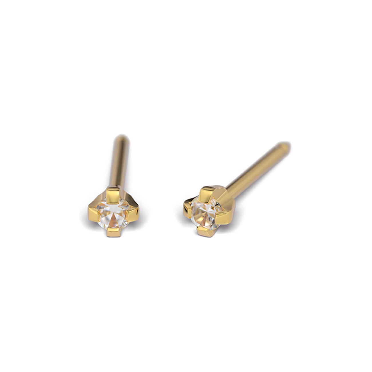 Zwei goldene Studex Ohrstecker aus Chirurgenstahl, besetzt mit funkelnden Zirkonia Farbsteinen, schräg von vorne.