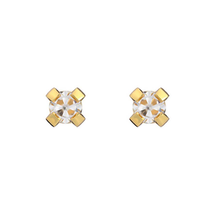 Zwei goldfarbene Studex Ohrstecker aus Chirurgenstahl mit jeweils einem Zirkonia-Stein.