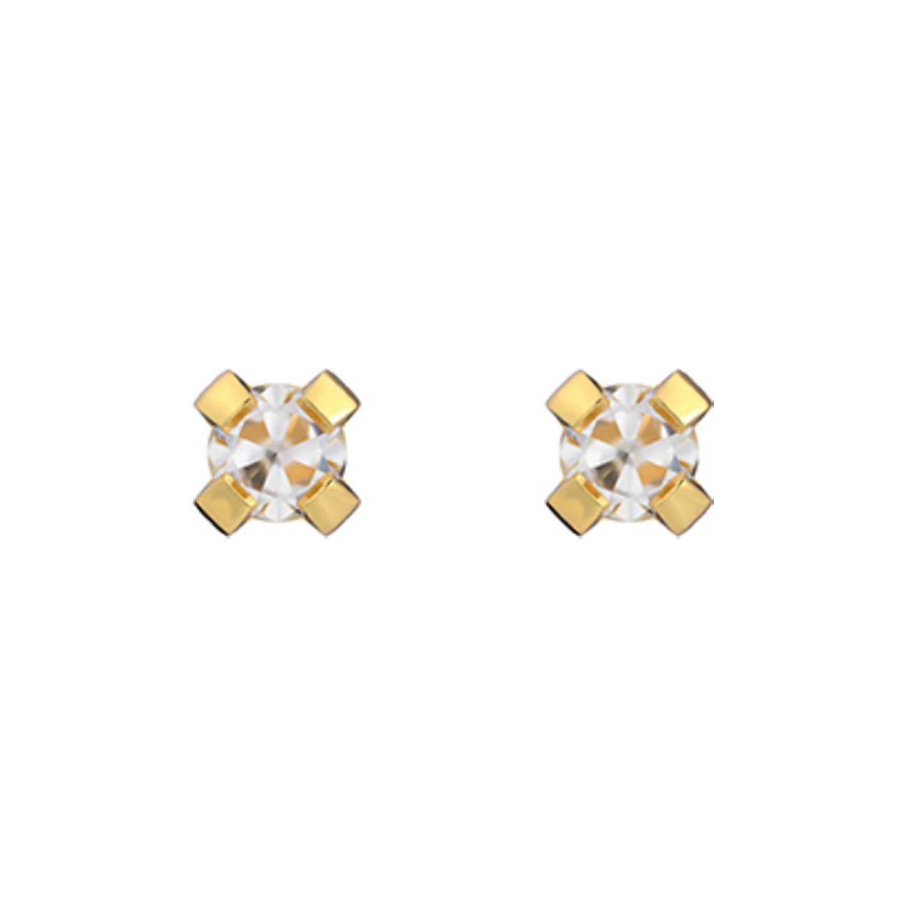 Zwei goldfarbene Studex Ohrstecker aus Chirurgenstahl mit jeweils einem Zirkonia-Stein.