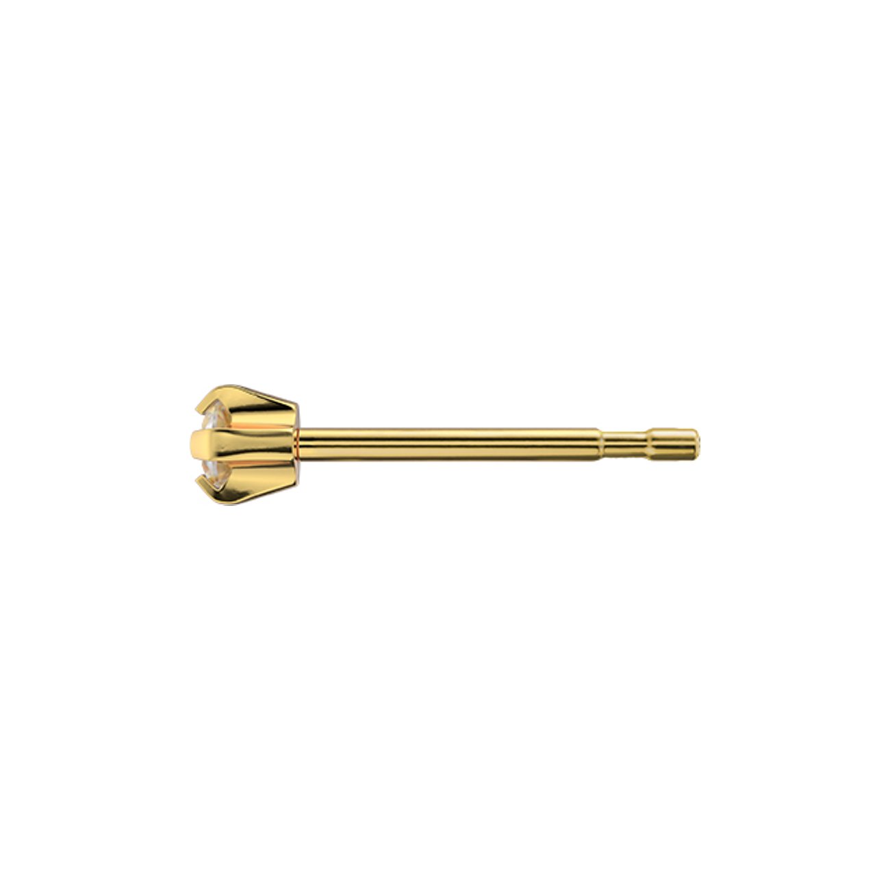 Ein einzelner, goldfarbener Studex Ohrstecker aus Chirurgenstahl mit einem runden klaren Zirkonia-Stein.