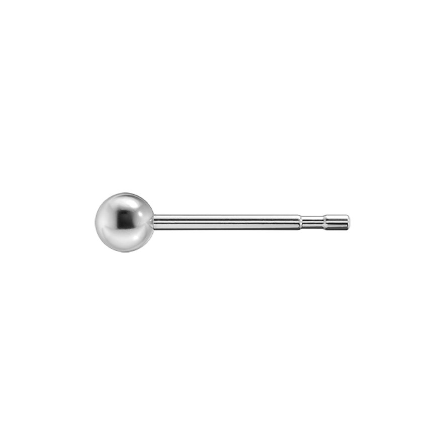 Studex Ohrstecker aus glänzendem Chirurgenstahl mit einer schlichten Kugel als Abschluss, seitlich aufgenommen.