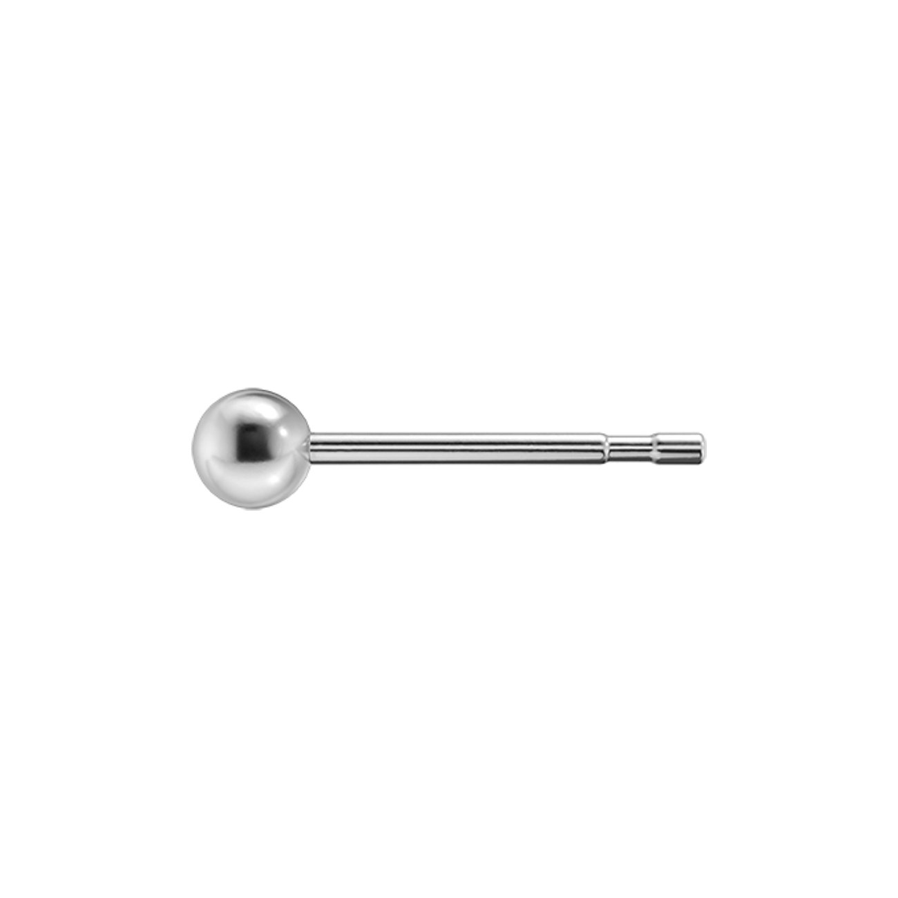 Studex Ohrstecker aus glänzendem Chirurgenstahl mit einer schlichten Kugel als Abschluss, seitlich aufgenommen.