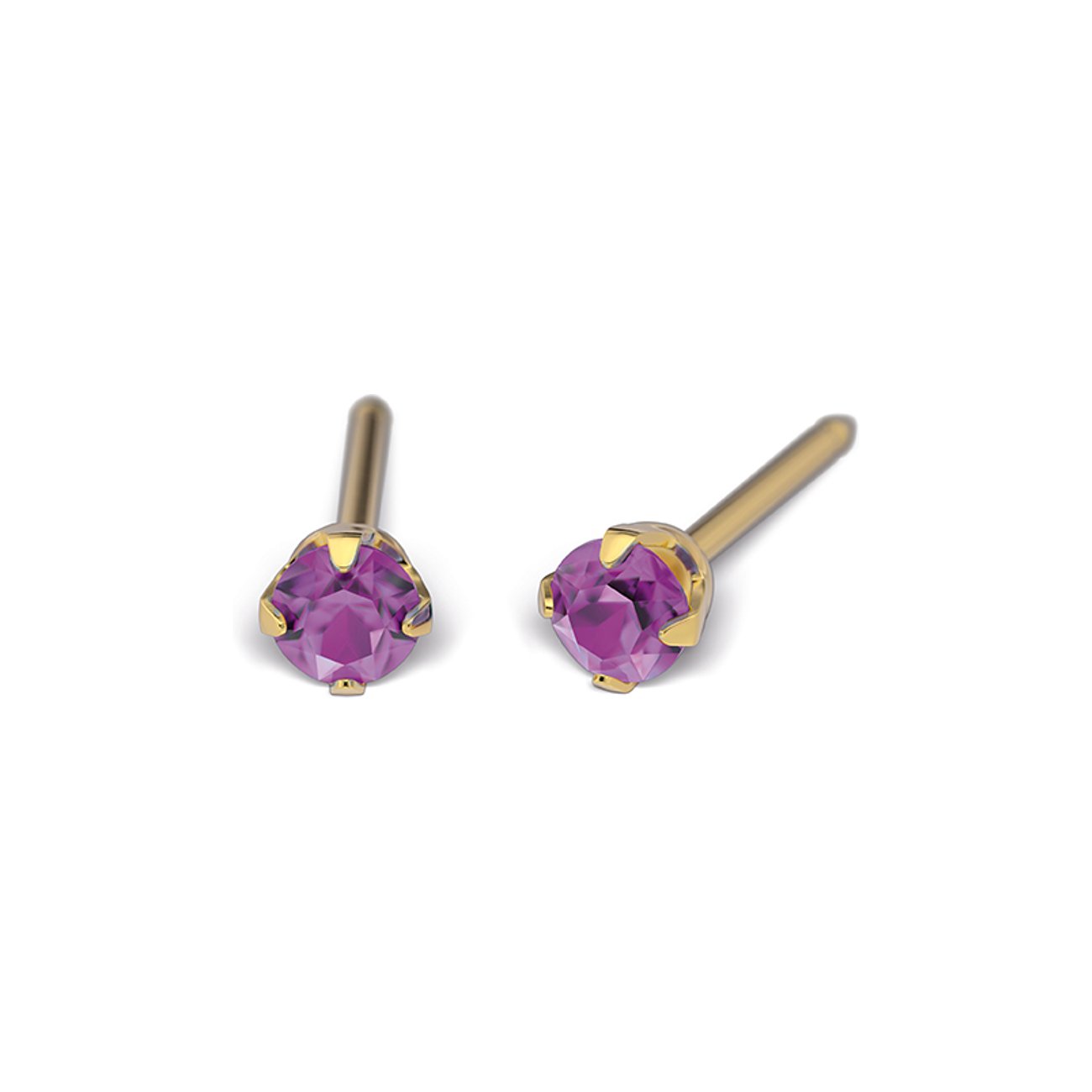 Zwei Studex Ohrstecker aus goldfarbenem Chirurgenstahl mit jeweils einem runden, violetten Schmuckstein.