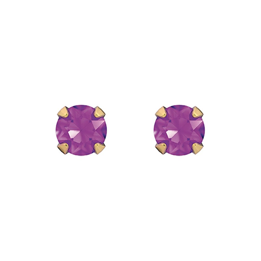 Zwei Studex Ohrstecker aus Chirurgenstahl mit jeweils einem runden, violetten Schmuckstein in goldfarbener Fassung.