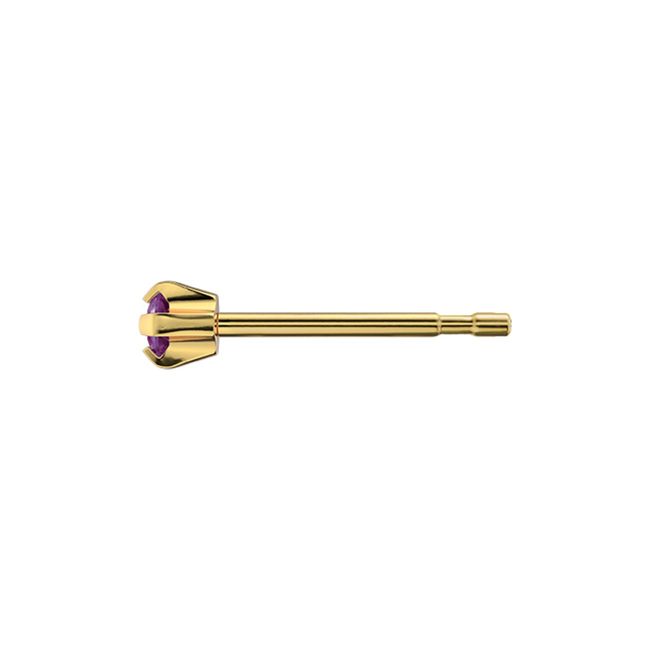 Studex Ohrstecker aus goldfarbenem Chirurgenstahl von der Seite, besetzt mit einem runden violetten Schmuckstein.