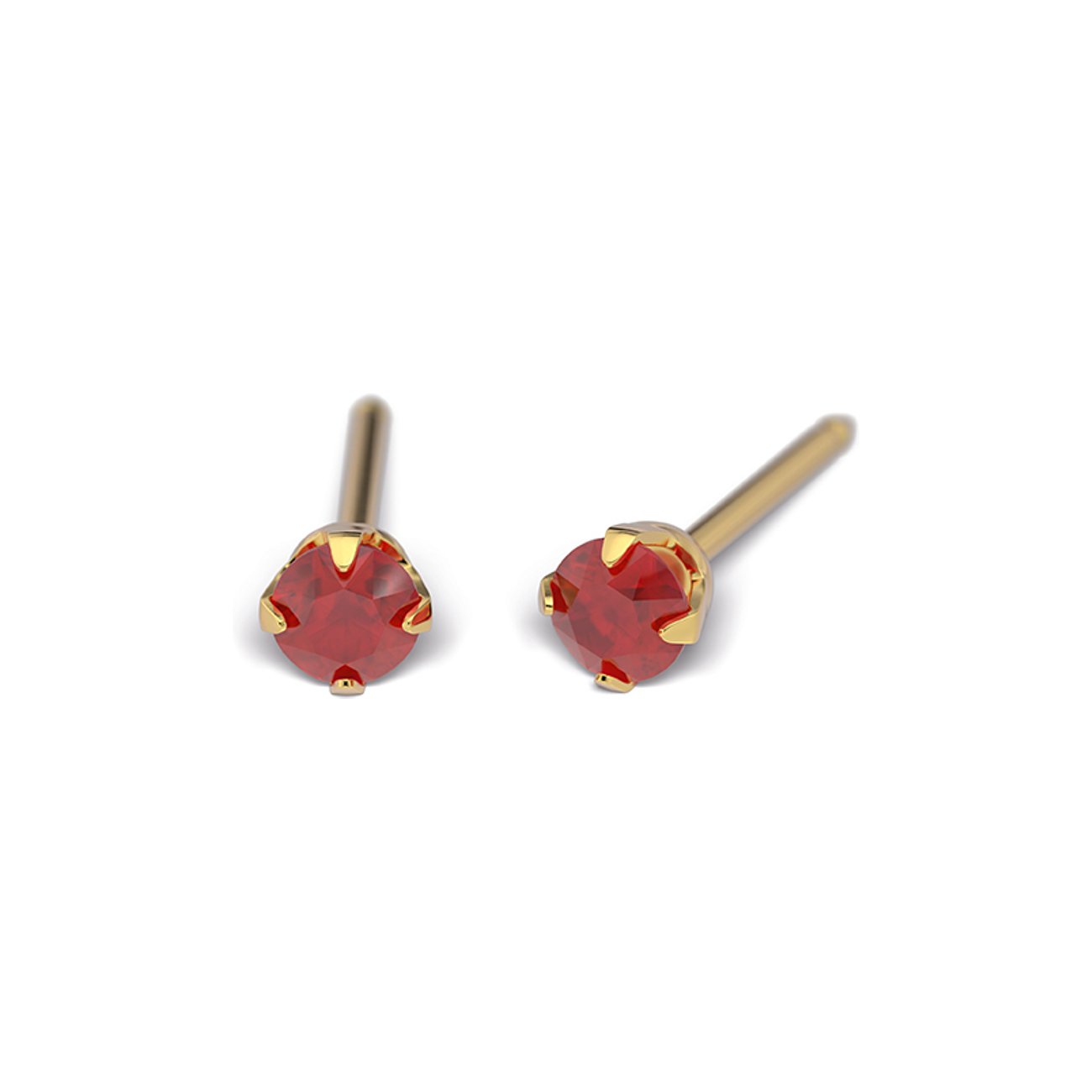 Zwei goldfarbene Studex Ohrstecker aus Chirurgenstahl mit jeweils einem runden, rubinroten Schmuckstein.