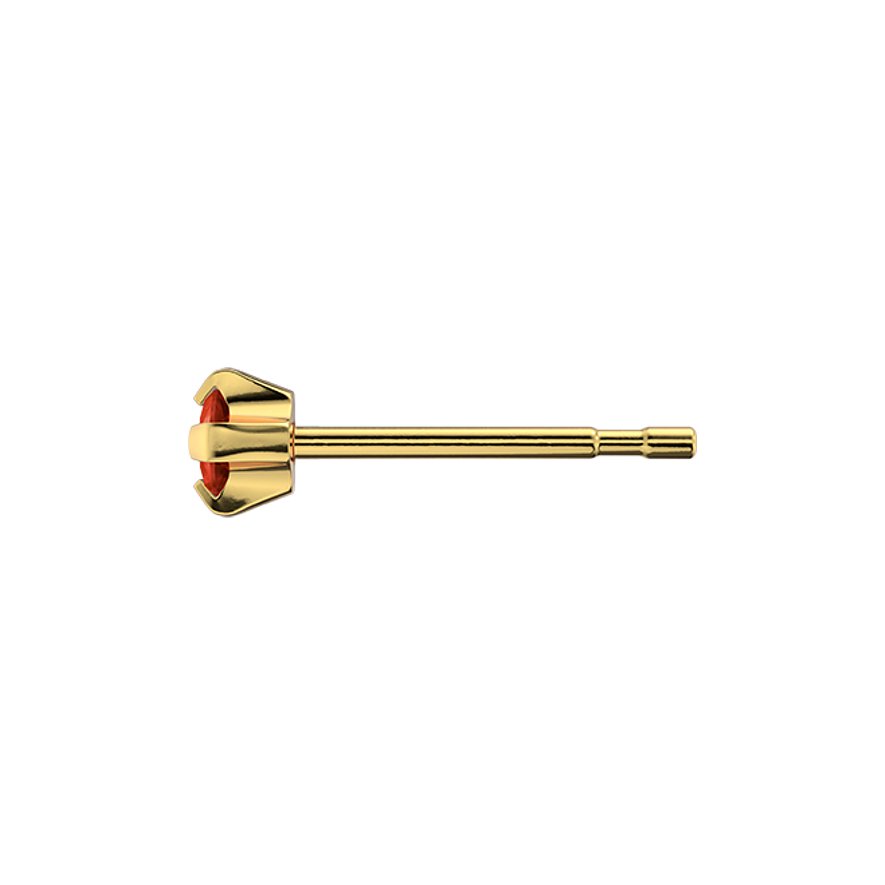 Ein einzelner Studex Ohrstecker aus goldfarbenem Chirurgenstahl mit einem runden, roten Schmuckstein.