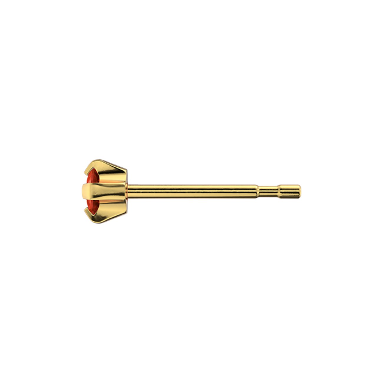Ein einzelner Studex Ohrstecker aus goldfarbenem Chirurgenstahl mit einem runden, roten Schmuckstein.
