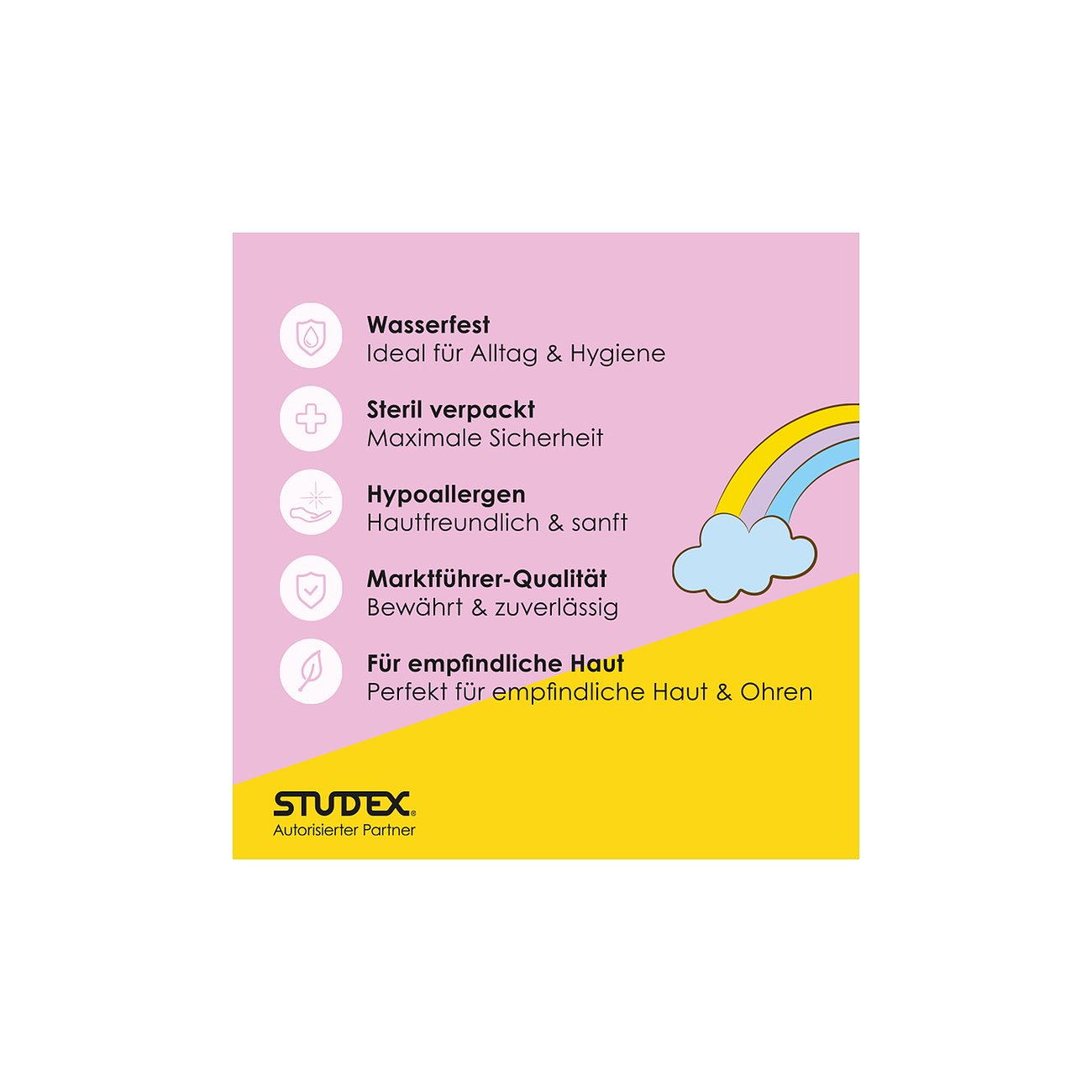 Ein Banner mit der Aufschrift „Studex Autorisierter Partner“ und Produktvorteilen wie „Wasserfest“, „Steril verpackt“.