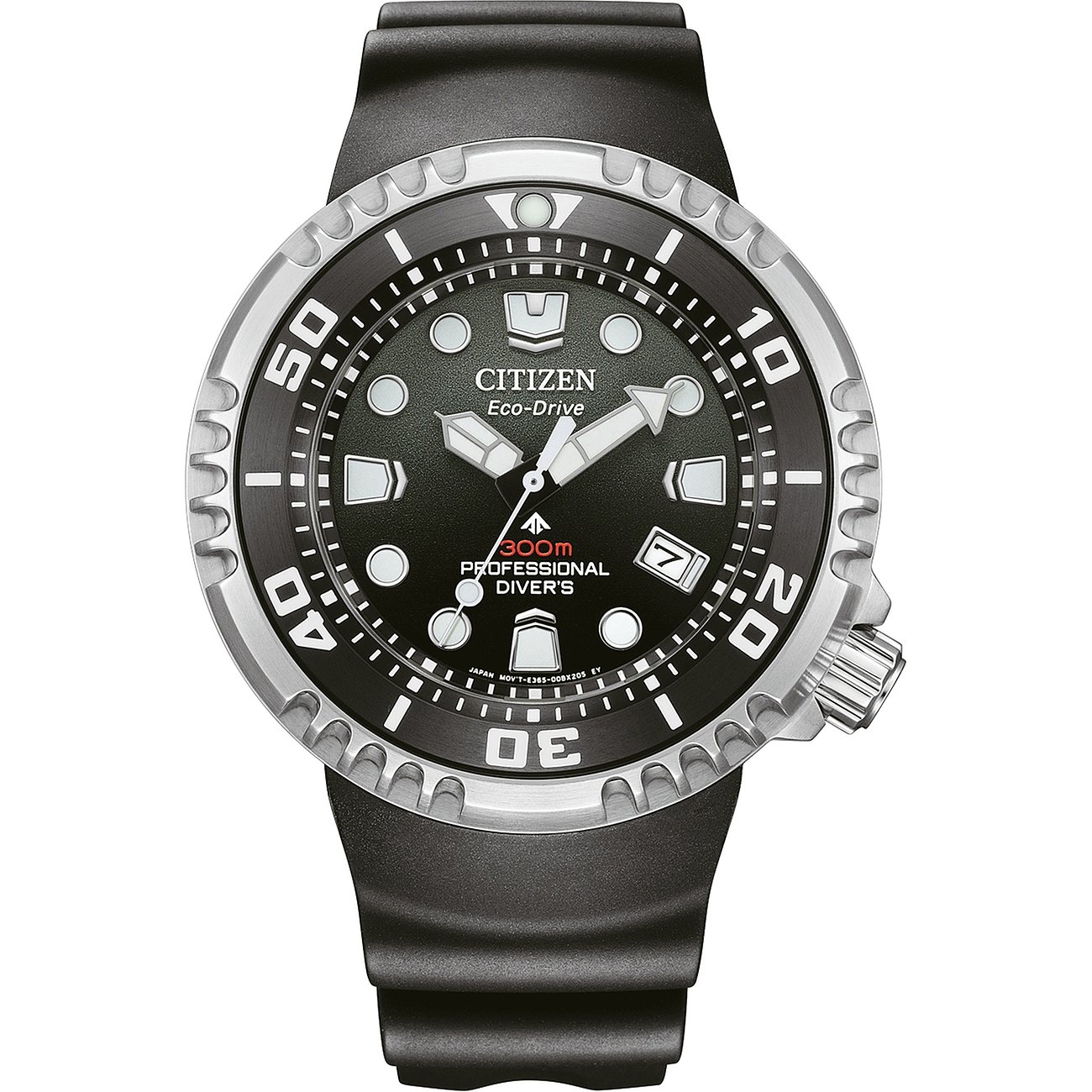 Citizen Herrenuhr aus Edelstahl mit schwarzem Zifferblatt und schwarzem Band, Datum bei 3 Uhr, großes Citizen Logo.