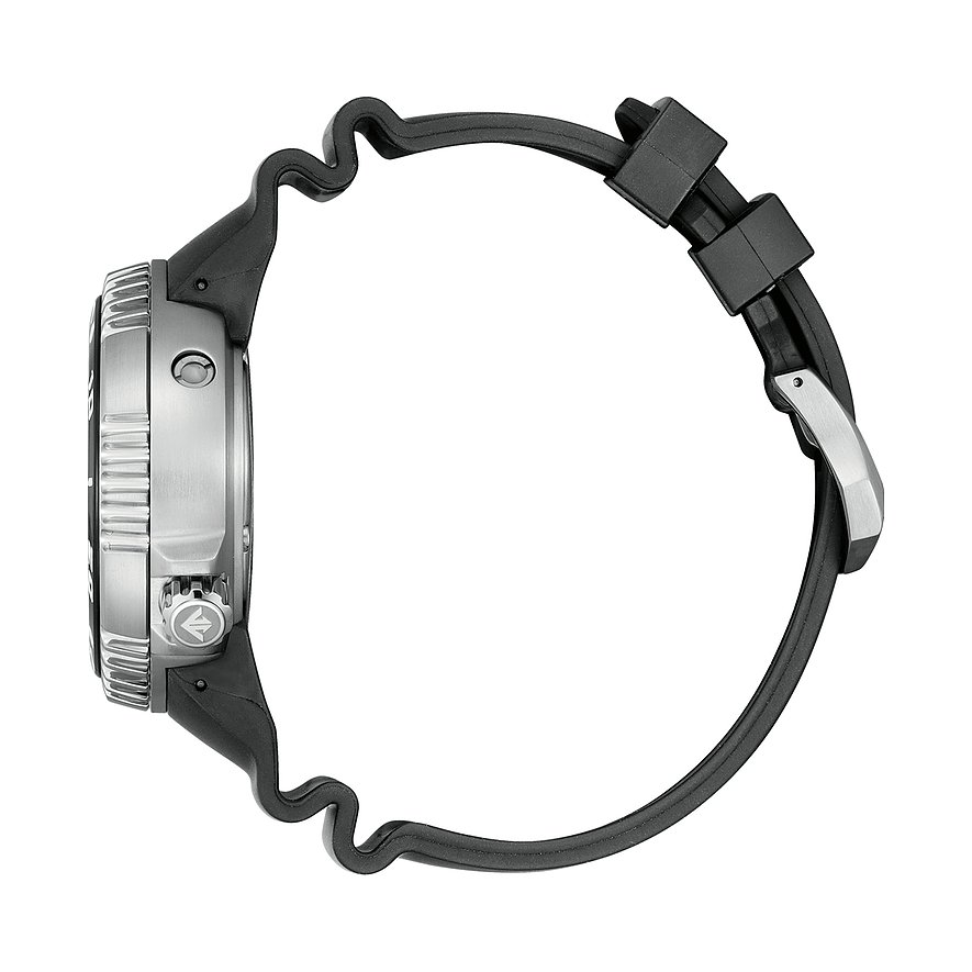 Seitenansicht der Citizen Herrenuhr aus Edelstahl mit schwarzem Zifferblatt und einem schwarzen Silikonarmband.