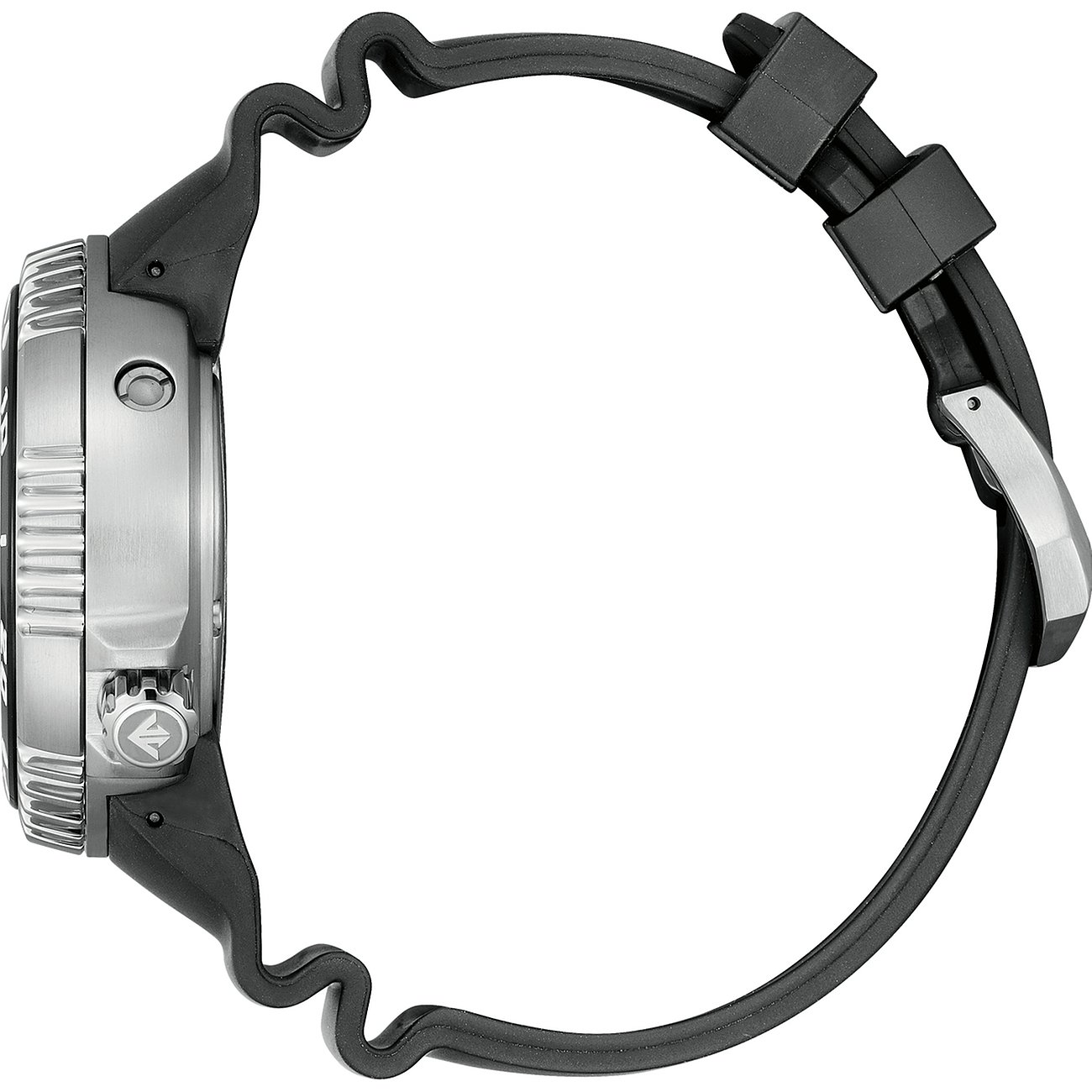 Seitenansicht der Citizen Herrenuhr aus Edelstahl mit schwarzem Zifferblatt und einem schwarzen Silikonarmband.