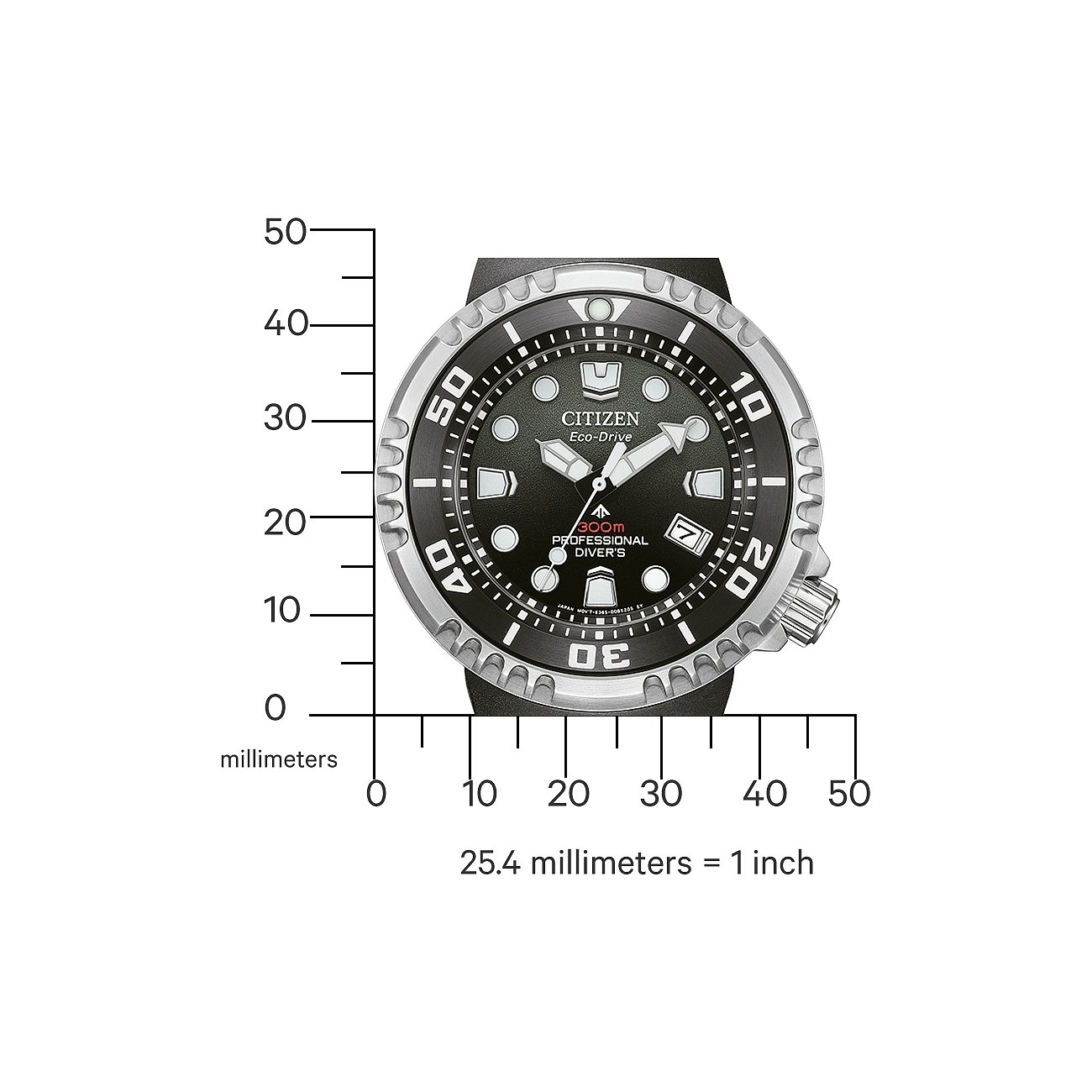 Nahaufnahme der Citizen Herrenuhr aus Edelstahl mit Millimeterskala zum Vergleich.