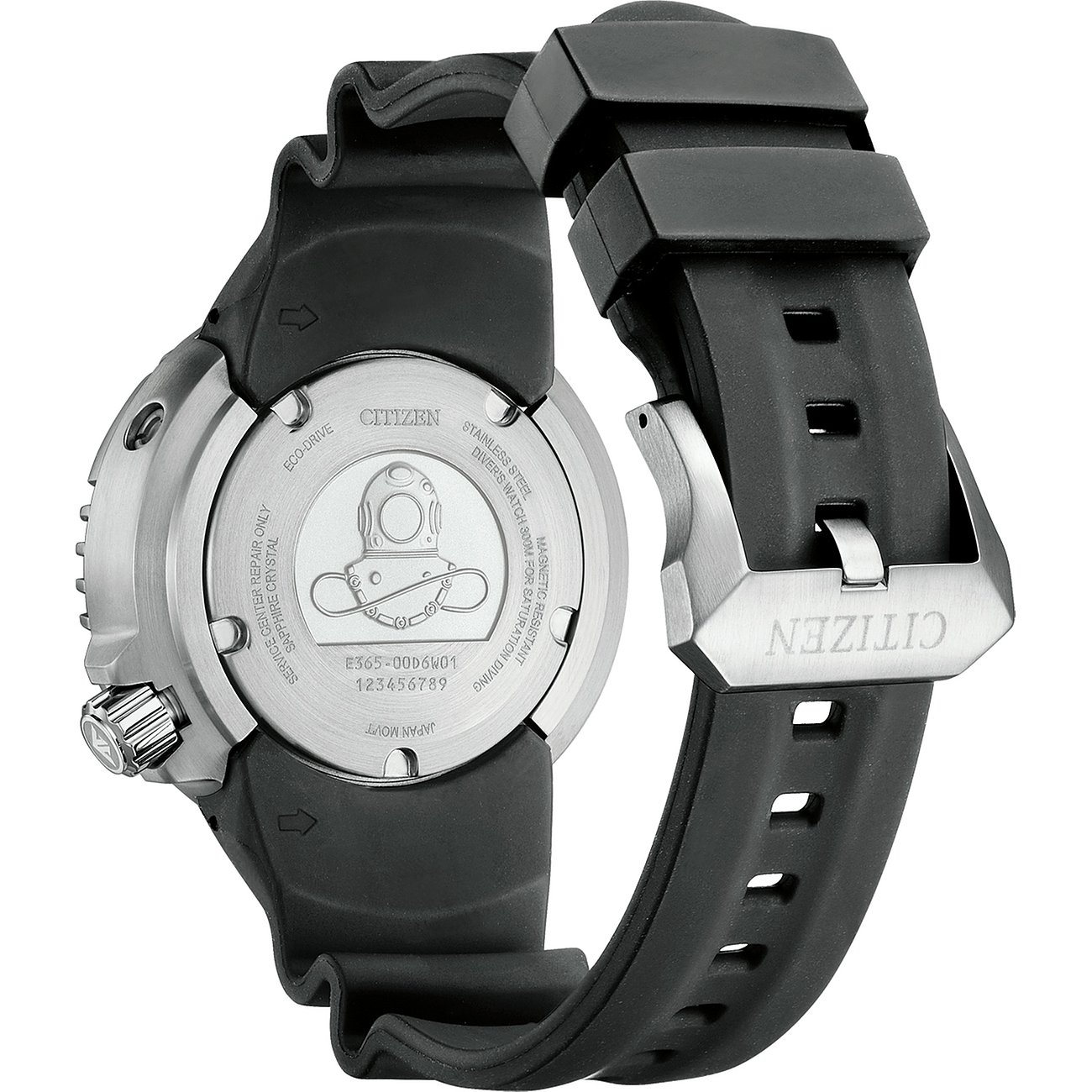 Rückansicht der Citizen Herrenuhr aus Edelstahl mit schwarzem Silikonarmband und graviertem Taucherhelm.