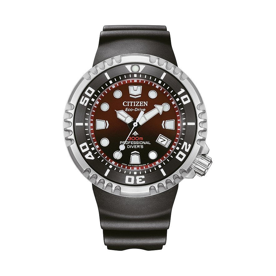 Citizen Herrenuhr Eco-Drive Professional Diver's aus Edelstahl mit braunem Zifferblatt und schwarzem Band.