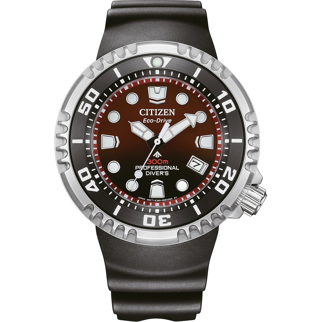 Citizen Herrenuhr Eco-Drive Professional Diver's aus Edelstahl mit braunem Zifferblatt und schwarzem Band.