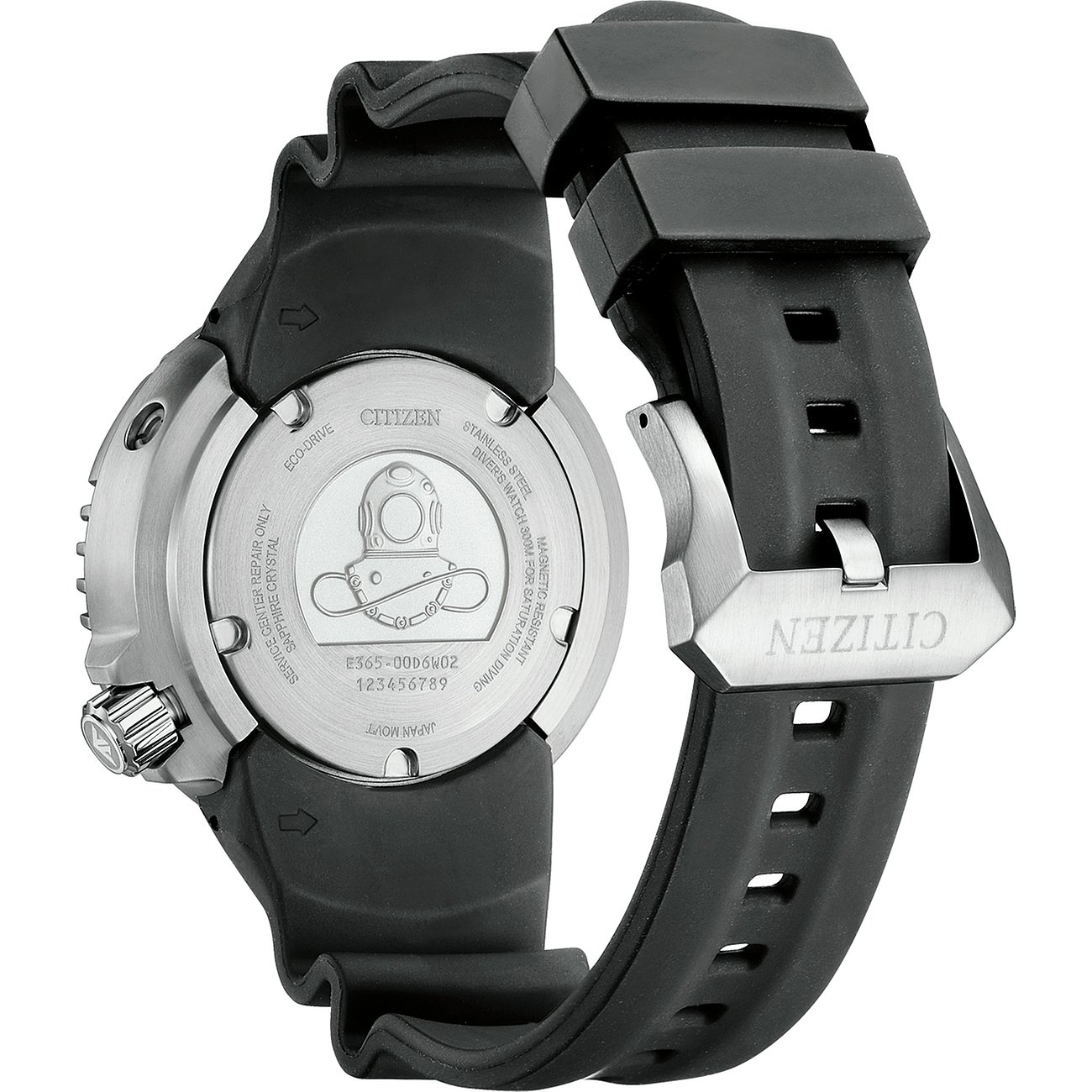 Rückansicht der Citizen Herrenuhr aus Edelstahl mit geschwärztem Kautschukarmband und graviertem Taucherhelm-Logo.