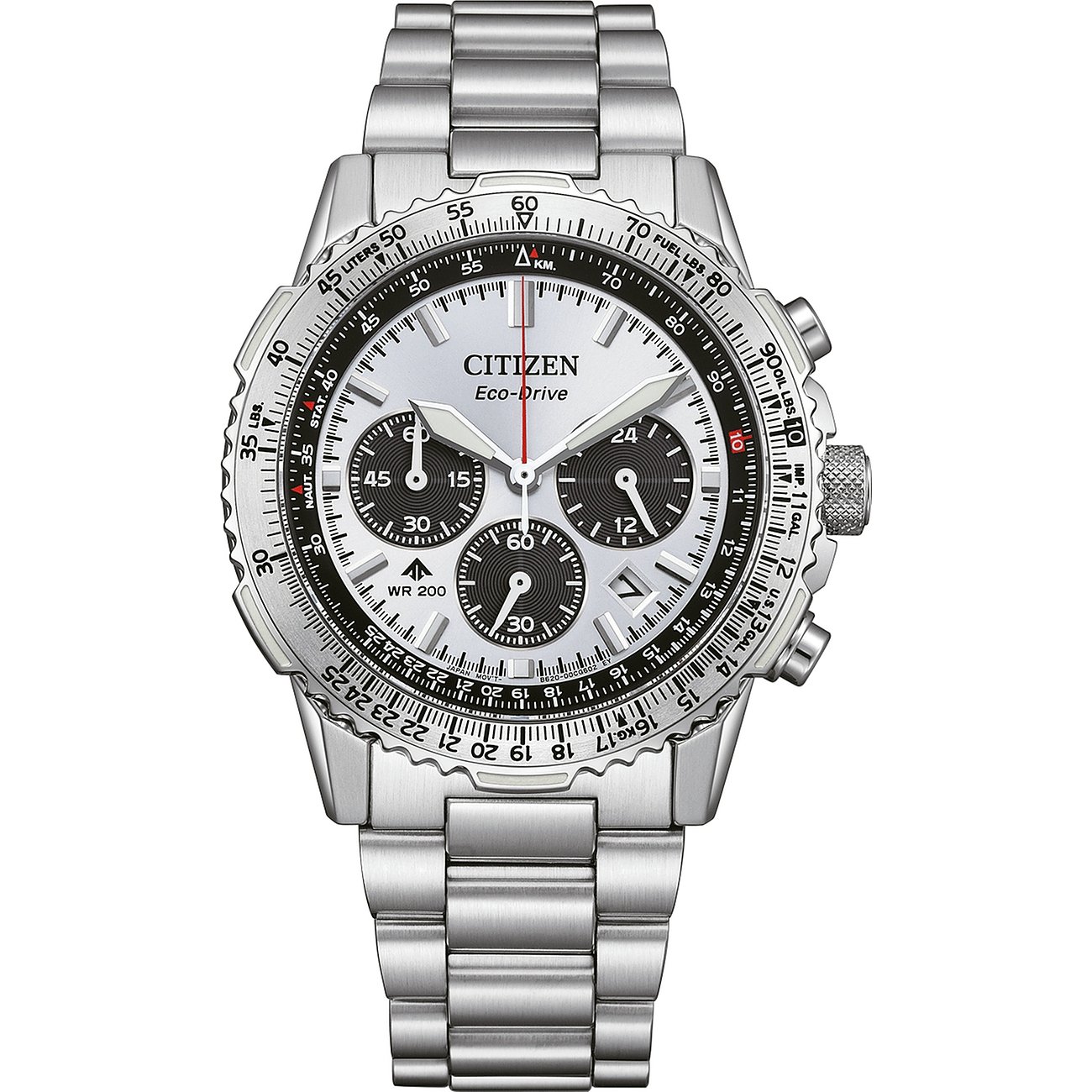 Citizen Eco-Drive Herrenuhr, Edelstahl, weißes Zifferblatt, schwarzer Rand, drei Chronographen, roter Sekundenzeiger.
