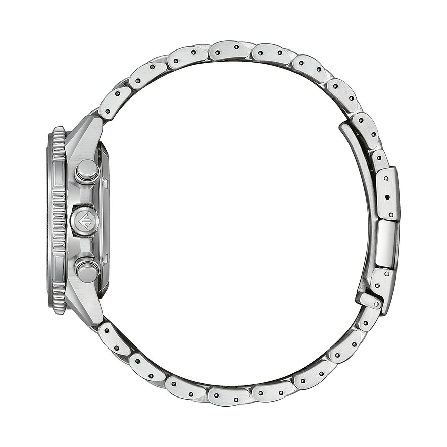 Seitenansicht der Citizen Herrenuhr aus Edelstahl, mit Band und Krone sowie Drückern.