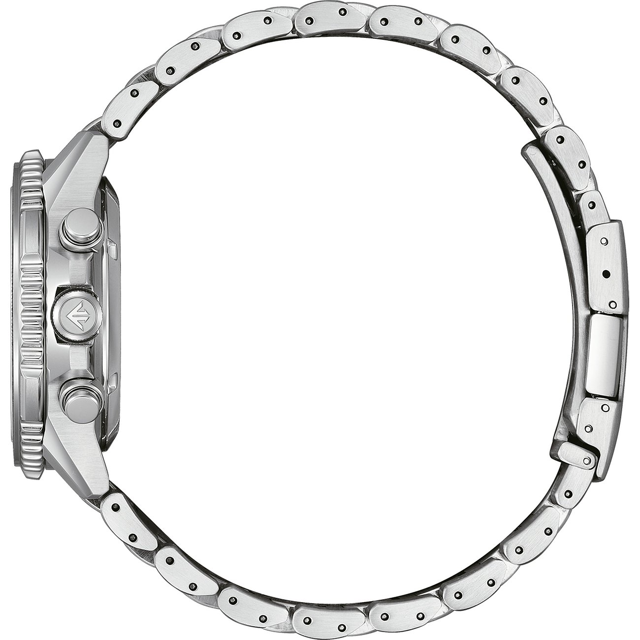 Seitenansicht der Citizen Herrenuhr aus Edelstahl, mit Band und Krone sowie Drückern.