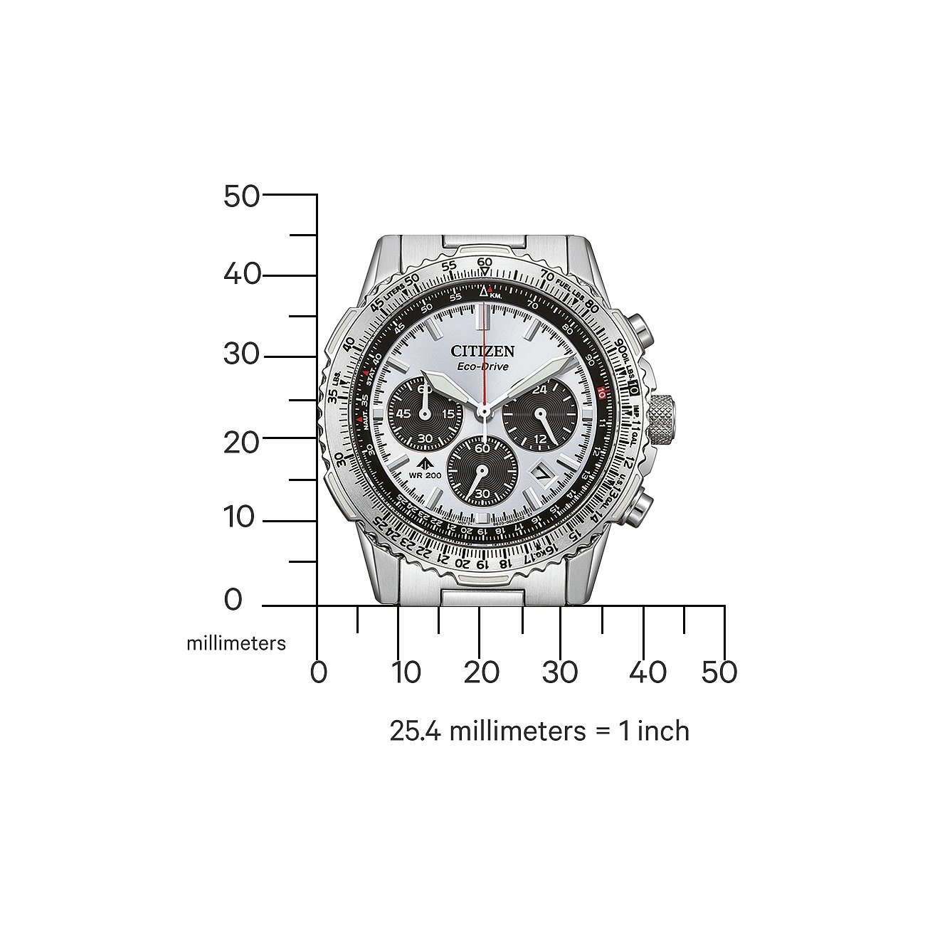 Nahaufnahme einer Citizen Herrenuhr aus Edelstahl mit hellem Zifferblatt, drei Chronographen und roten Akzenten.