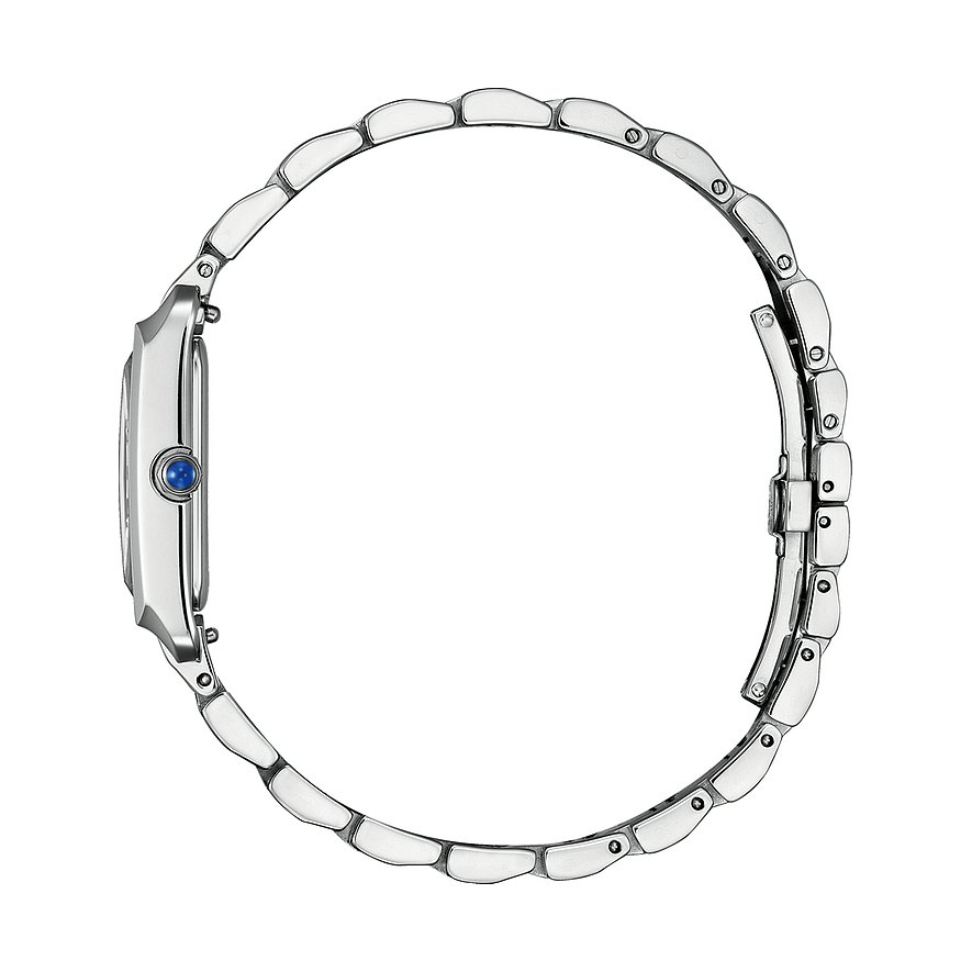 Seitenansicht einer Citizen Damenuhr aus Edelstahl mit ovalem Gehäuse und blauer Krone, Verschluss sichtbar.