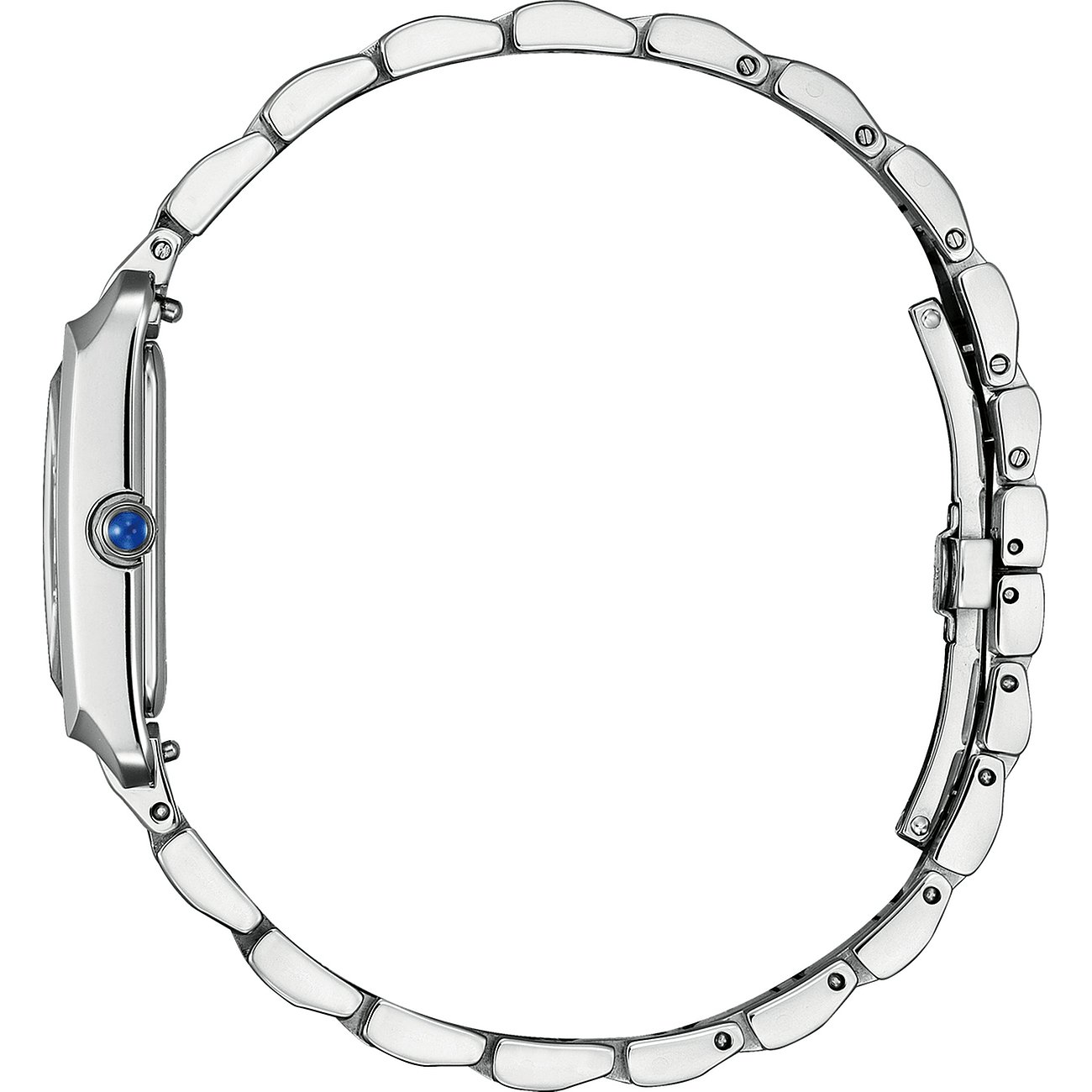 Seitenansicht einer Citizen Damenuhr aus Edelstahl mit ovalem Gehäuse und blauer Krone, Verschluss sichtbar.