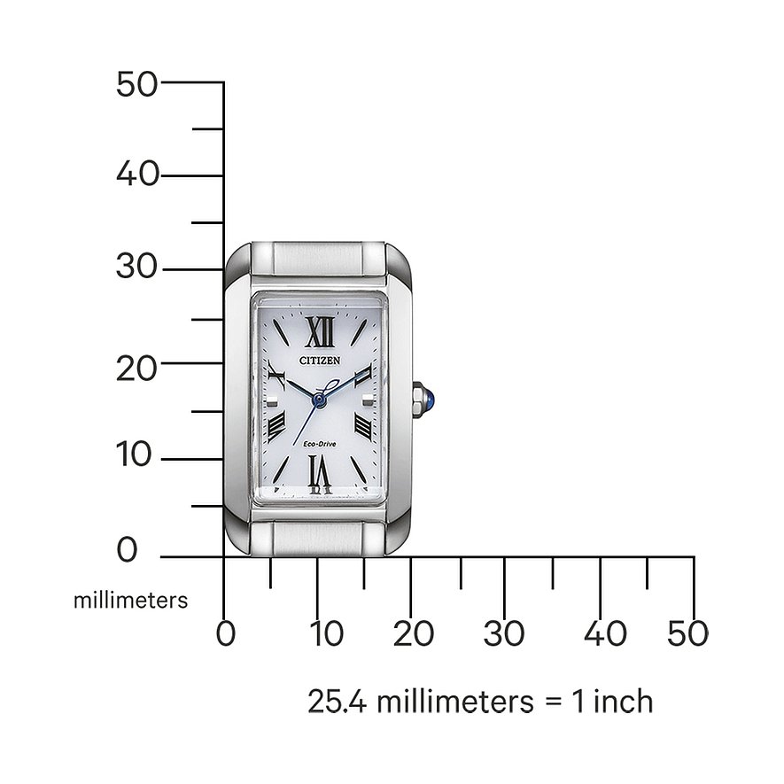 Nahaufnahme einer Citizen Damenuhr aus Edelstahl mit weißem Zifferblatt und blauen Zeigern, abgebildet mit Millimeterskala.