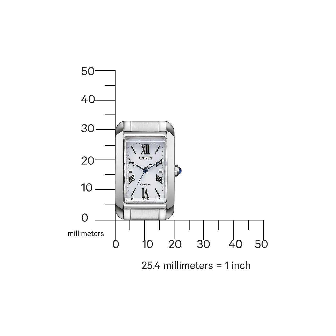 Nahaufnahme einer Citizen Damenuhr aus Edelstahl mit weißem Zifferblatt und blauen Zeigern, abgebildet mit Millimeterskala.